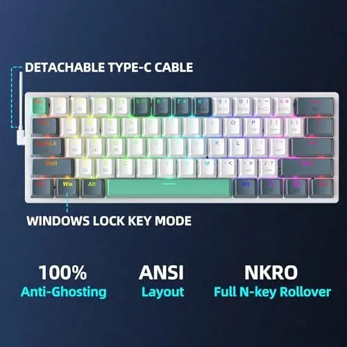 Machenike K500A-B61W 60% Mechanical Wireless Gaming Keyboard, 61 Keys Ultra-Compact Hot Swappable Linear Red Switch, Dynamic RGB Backlit, Anti-Ghosting, Double-Shot PBT Keycaps, Win/Mac, White - 5