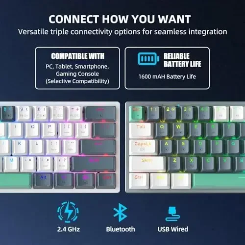 Machenike K500A-B61W 60% Mechanical Wireless Gaming Keyboard, 61 Keys Ultra-Compact Hot Swappable Linear Brown Switch, Dynamic RGB Backlit, Anti-Ghosting, Double-Shot PBT Keycaps, Win/Mac, White - 6