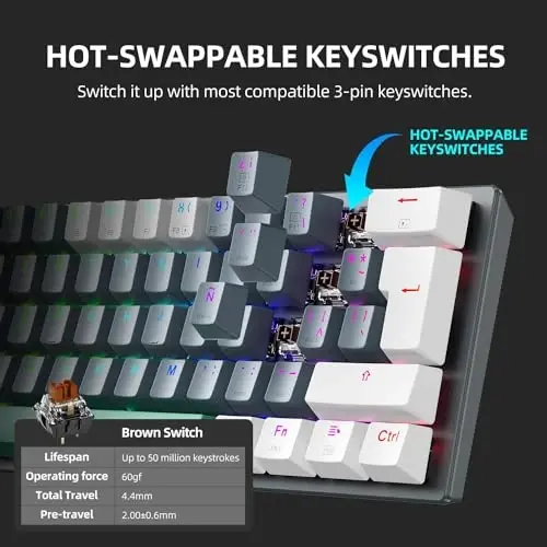 Machenike K500A-B61W 60% Mechanical Wireless Gaming Keyboard, 61 Keys Ultra-Compact Hot Swappable Linear Brown Switch, Dynamic RGB Backlit, Anti-Ghosting, Double-Shot PBT Keycaps, Win/Mac, White - 4