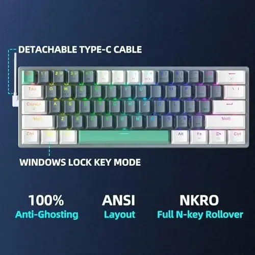 Machenike K500A-B61W 60% mexanik simsiz oʻyin klaviaturasi, 61 tugmali ultra ixcham almashtiriladigan chiziqli jigarrang kalit, dinamik RGB yoritgich, Anti-Ghosting, Double-Shot PBT klavish qopqoqlari, Win/Mac, oq - 5
