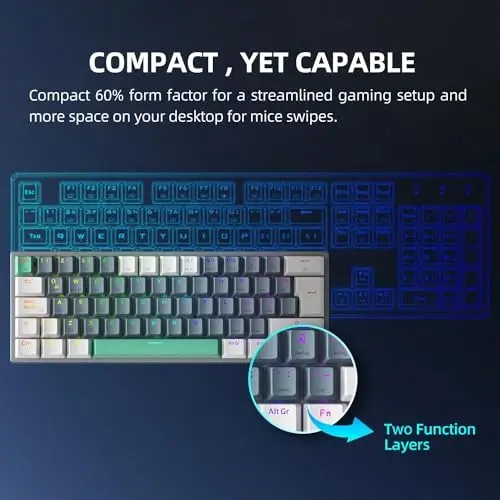 Machenike K500A-B61W 60% mexanik simsiz oʻyin klaviaturasi, 61 tugmali ultra ixcham almashtiriladigan chiziqli jigarrang kalit, dinamik RGB yoritgich, Anti-Ghosting, Double-Shot PBT klavish qopqoqlari, Win/Mac, oq - 2