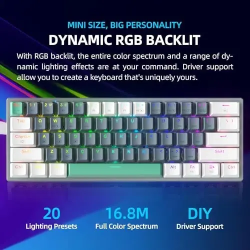 Machenike K500A-B61W 60% mexanik simsiz oʻyin klaviaturasi, 61 tugmali ultra ixcham almashtiriladigan chiziqli jigarrang kalit, dinamik RGB yoritgich, Anti-Ghosting, Double-Shot PBT klavish qopqoqlari, Win/Mac, oq - 3