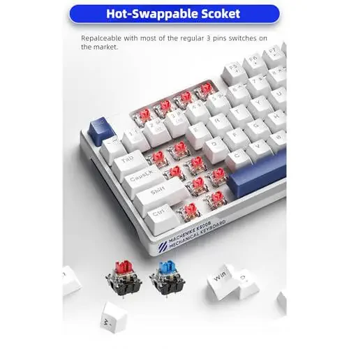 Machenike K500B 75% Mechanical Keyboard, 87 Keys TKL Compact Gaming Wired Keyboard, Hot Swappable Clicky Blue Switch, Rainbow LED Backlit, Double-Shot PBT Keycaps, White/Blue - 1