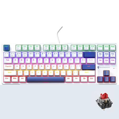 Machenike K500B 75% Mechanical Keyboard, 87 Keys TKL Compact Gaming Wired Keyboard, Hot Swappable Linear Red Switch, Rainbow LED Backlit, Double-Shot PBT Keycaps, White/Blue - 3