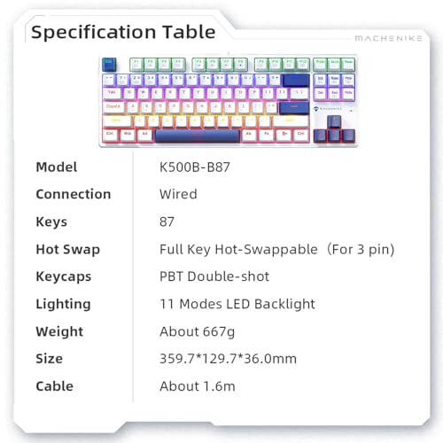 Machenike K500B 75% Mechanical Keyboard, 87 Keys TKL Compact Gaming Wired Keyboard, Hot Swappable Linear Red Switch, Rainbow LED Backlit, Double-Shot PBT Keycaps, White/Blue - 8