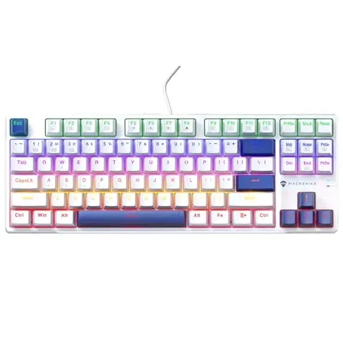 Machenike K500B 75% Mechanical Keyboard, 87 Keys TKL Compact Gaming Wired Keyboard, Hot Swappable Linear Red Switch, Rainbow LED Backlit, Double-Shot PBT Keycaps, White/Blue - MACHENIKE