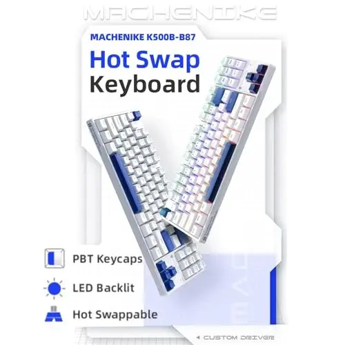 Machenike K500B 75% Mechanical Keyboard, 87 Keys TKL Compact Gaming Wired Keyboard, Hot Swappable Linear Red Switch, Rainbow LED Backlit, Double-Shot PBT Keycaps, White/Blue - 2