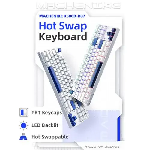 Machenike K500B-B87 75% TKL Mechanical Wired Gaming Keyboard, 87 Keys Compact Hot Swappable Linear Blue Switch with Number Pad, Dynamic RGB Backlit, Anti-Ghosting, Double-Shot PBT Keycaps, White/Blue - 5