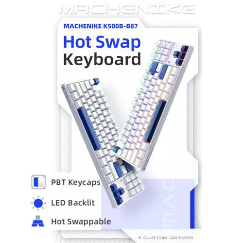 Machenike K500B 75% mexanik klaviatura, 87 tugma TKL ixcham o'yin simli klaviatura, issiq almashtiriladigan bosuvchi ko'k kalit, kamalak LED orqa nuri, ikki qavatli PBT tugma qopqoqlari, oq/ko'k - 5
