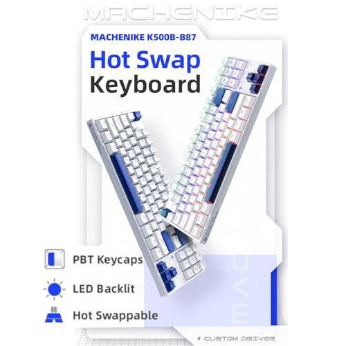 Machenike K500B 75% mexanik klaviatura, 87 tugma TKL ixcham o'yin simli klaviatura, issiq almashtiriladigan bosuvchi ko'k kalit, kamalak LED orqa nuri, ikki qavatli PBT tugma qopqoqlari, oq/ko'k - 5