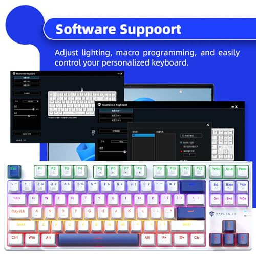Machenike K500B 75% Mexanik Klaviatura, 87 Tugmali TKL Kompakt O'yin Simli Klaviatura, Issiq almashtiriladigan Chiziqli Qizil Kalit, Kamalak LED Orqa Yoritilishi, Ikki Qavatli PBT Tugma Qopqoqlari, Oq/Ko'k - 7