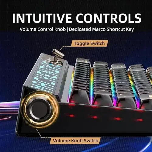 Machenike KT68 Pro Беспроводная компактная механическая игровая клавиатура, настраиваемый светодиодный экран, 3 режима 68 клавиш, с возможностью горячей замены, желтый переключатель, Anti-Ghosting, прозрачные колпачки клавиш, Win/Mac, черный - 3