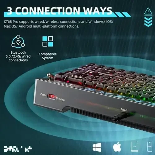 Machenike KT68 Pro simsiz ixcham mexanik oʻyin klaviaturasi, sozlanishi LED ekran, 3 rejimli 68 tugmachali almashtiriladigan sariq kalit, Anti-Ghosting, shaffof tugma qopqoqlari, Win/Mac, qora - 2