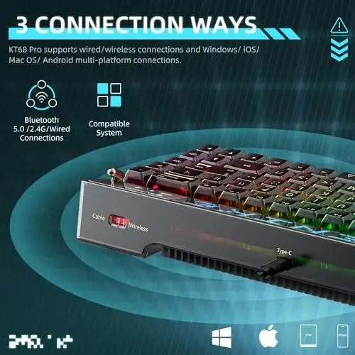 Machenike KT68 Pro simsiz ixcham mexanik oʻyin klaviaturasi, sozlanishi LED ekran, 3 rejimli 68 tugmachali almashtiriladigan sariq kalit, Anti-Ghosting, shaffof tugma qopqoqlari, Win/Mac, qora - MACHENIKE (1)