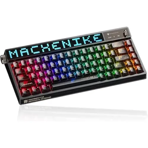 Machenike KT68 Pro simsiz ixcham mexanik oʻyin klaviaturasi, sozlanishi LED ekran, 3 rejimli 68 tugmachali almashtiriladigan sariq kalit, Anti-Ghosting, shaffof tugma qopqoqlari, Win/Mac, qora 