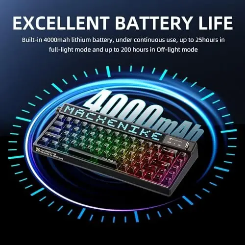 Machenike KT68 Pro simsiz ixcham mexanik oʻyin klaviaturasi, sozlanishi LED ekran, 3 rejimli 68 tugmachali almashtiriladigan sariq kalit, Anti-Ghosting, shaffof tugma qopqoqlari, Win/Mac, qora - 4