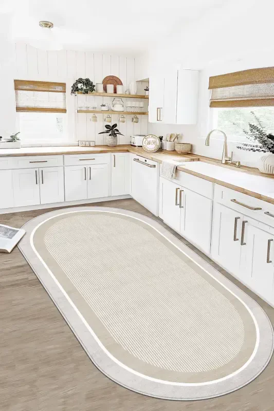 Machine Washable Non-Slip Base Stain Resistant Beige Oval Kitchen Carpet Living Room Carpet and Runner-beige - WEST HOME