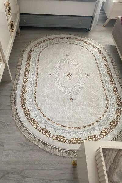 Machine Washable Non-Slip Oval Gold Rug - VOPTEKS