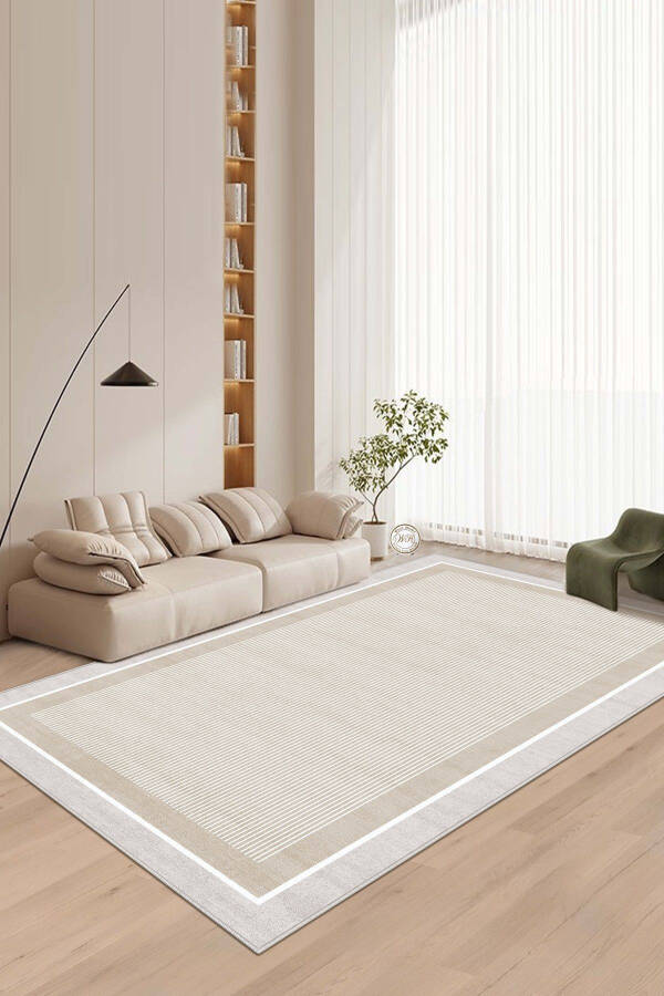 Machine Washable Non-Slip Stain Resistant Beige Striped Living Room Rug Kitchen Rug and Runner - 1