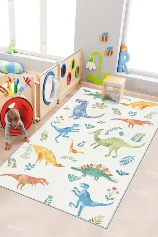 Machine Washable Non-Slip Stain Resistant Dinosaur Themed Baby and Kids Rug Play Mat-beige - WEST HOME