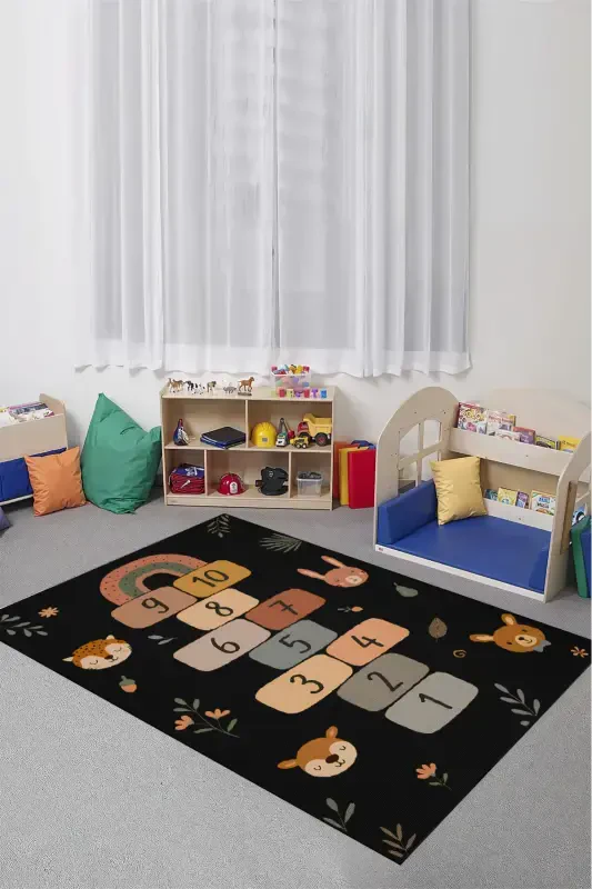 Machine Washable Non-Slip Stain Resistant Educational Baby and Kids Room Rug Play Mat-Black - 1