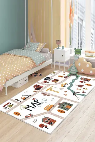 Machine Washable Non-Slip Stain-Resistant Educational Road Pattern Baby and Kids Rug Play Mat-white 