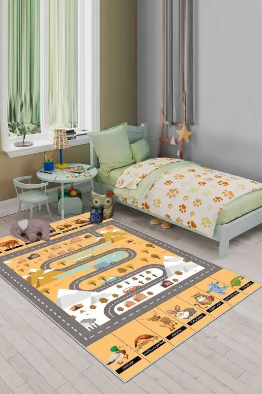 Machine Washable Non-Slip Stain Resistant Educational Road Patterned Baby and Kids Rug Play Mat-yellow - CONFIDENCE HOME
