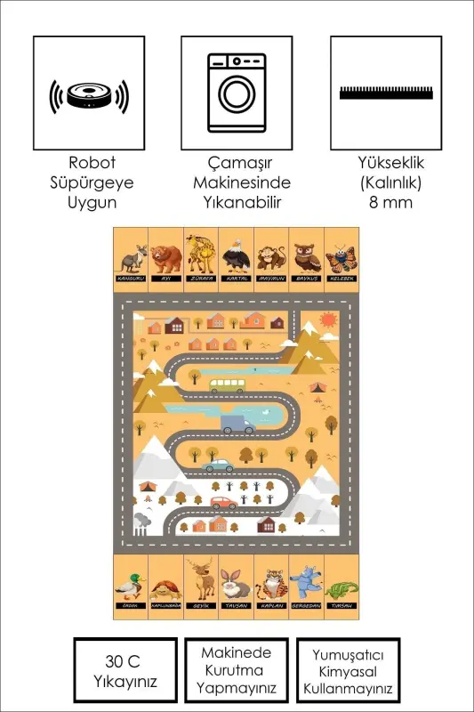 Machine Washable Non-Slip Stain Resistant Educational Road Patterned Baby and Kids Rug Play Mat-yellow - 2