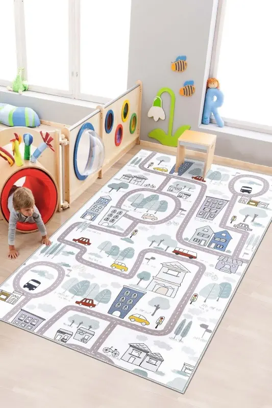 Machine Washable Non-Slip Stain Resistant Road Pattern Rug Baby And Child Rug Play Mat - 1