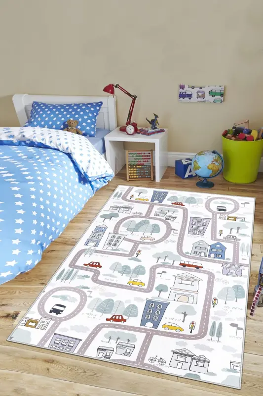 Machine Washable Non-Slip Stain Resistant Road Patterned Carpet Baby and Child Carpet Play Mat-white - 1