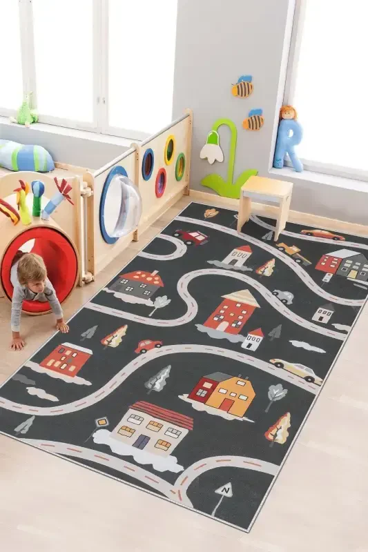 Machine Washable Non-Slip Stain Resistant Road Patterned Rug Baby and Kids Rug Play Mat-black - 2