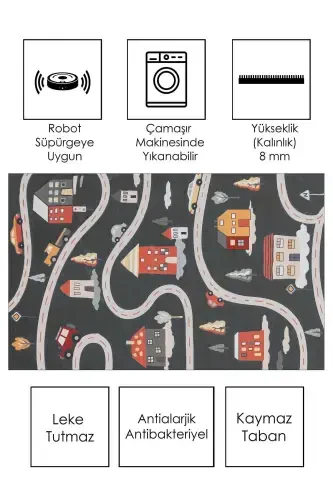 Machine Washable Non-Slip Stain Resistant Road Patterned Rug Baby and Kids Rug Play Mat-black - 3