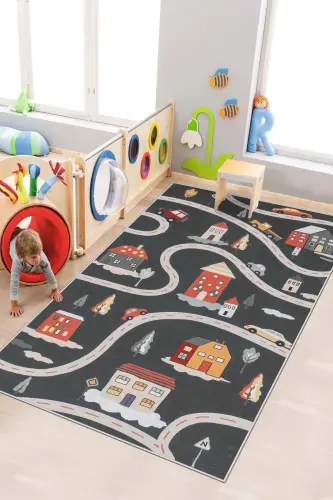 Machine Washable Non-Slip Stain Resistant Road Patterned Rug Baby and Kids Rug Play Mat-black 