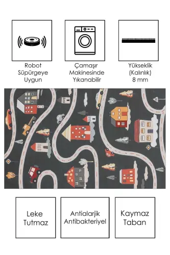 Machine Washable Non-Slip Stain Resistant Road Patterned Rug Baby and Kids Rug Play Mat-black - WEST HOME (1)