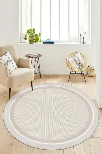 Machine Washable Non-Slip Stain Resistant Round Beige Kitchen Rug Living Room Rug and Runner-beige - 1