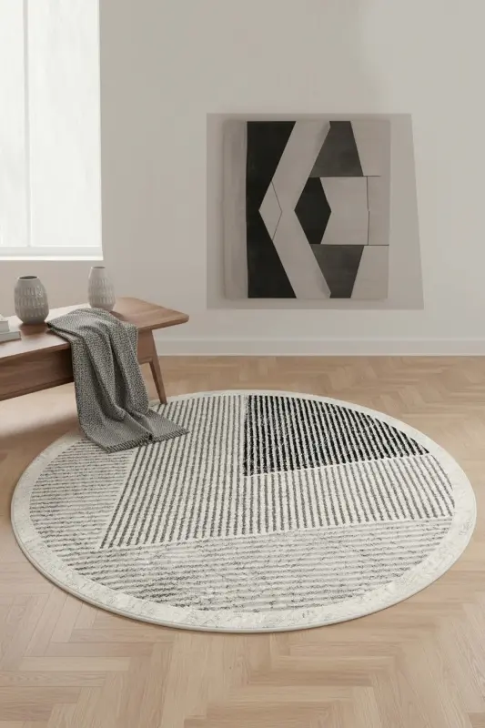 Machine Washable Non-Slip Stain Resistant Round Living Room Carpet Kitchen Rug and Runner-beige - 2
