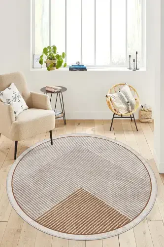 Machine Washable Non-Slip Stain Resistant Round Living Room Rug and Kitchen Rug- brown - 1
