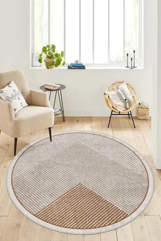 Machine Washable Non-Slip Stain Resistant Round Living Room Rug and Kitchen Rug- brown - 1