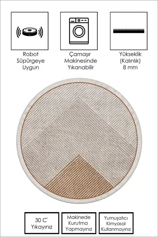 Machine Washable Non-Slip Stain Resistant Round Living Room Rug and Kitchen Rug- brown - 3