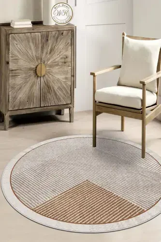 Machine Washable Non-Slip Stain Resistant Round Living Room Rug and Kitchen Rug - Brown - 1