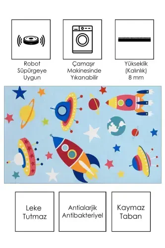 Machine Washable Non-Slip Stain Resistant Space Themed Baby and Kids Rug Play Mat-blue - 2
