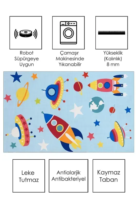 Machine Washable Non-Slip Stain Resistant Space Themed Baby and Kids Rug Play Mat-blue - 2