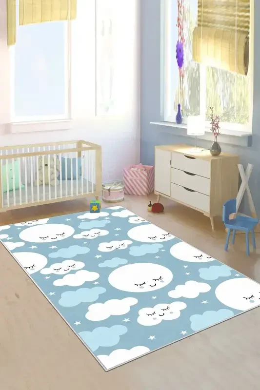 Machine Washable Non-Slip Stain-Resistant Star Pattern Baby and Kids Rug Play Mat-blue - WEST HOME