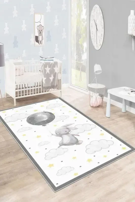 Machine Washable Non-Slip Stain Resistant Star Patterned Baby and Kids Rug Play Mat- White - 2