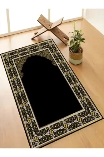 Machine Washable Stain Resistant Prayer Rug Non-Slip Base Fringeless SEC113-black - 1