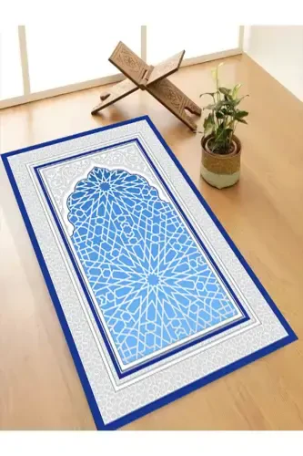 Machine Washable Stain Resistant Prayer Rug Non-Slip Base Tassel-Free SEC113-BLUE - 1