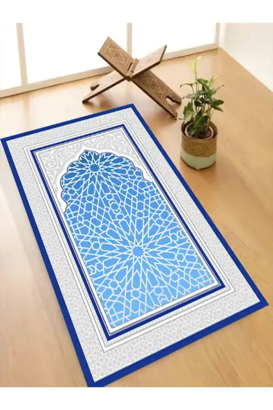 Machine Washable Stain Resistant Prayer Rug Non-Slip Base Tassel-Free SEC113-BLUE - 1