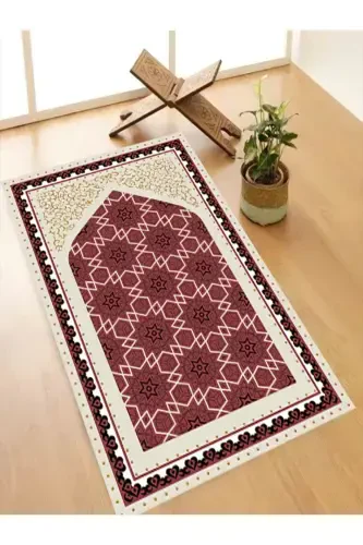 Machine Washable Stain Resistant Prayer Rug Non-Slip Base Tassel-Free Sec113-BORDEAUX - 1