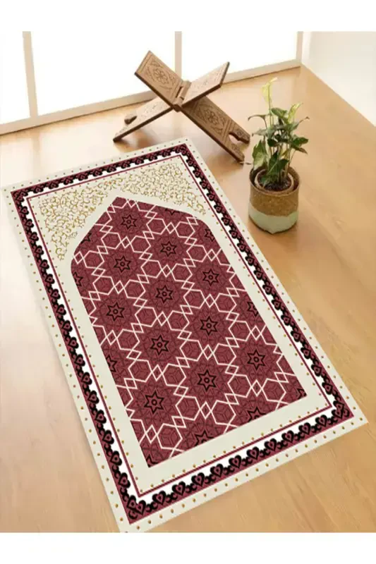 Machine Washable Stain Resistant Prayer Rug Non-Slip Base Tassel-Free Sec113-BORDEAUX - 1