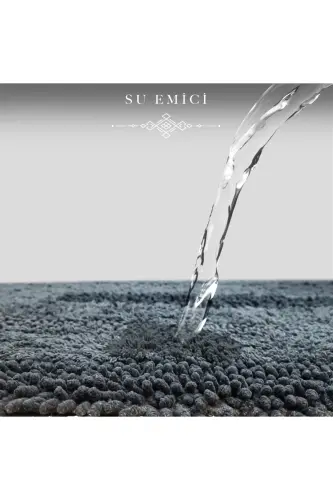 Macoroni Oval Antrasit 2'li Banyo Paspası Seti %100 Pamuklu Banyo Halısı Klozet Takımı-Antrasit - 4